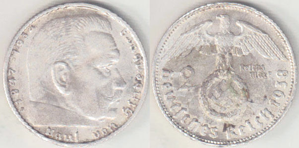 1938 B Germany silver 2 Mark A001267